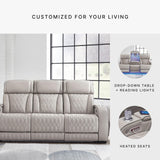 Signature Design by Ashley Boyington Contemporary Leather Match Power Reclining Sofa with USB Charging Ports, LED Lights and Adjustable Headrest, Light Gray