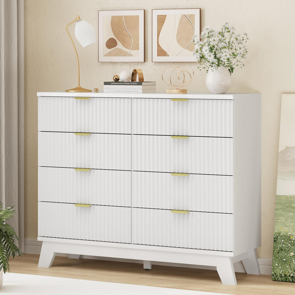 Fluted Dresser for Bedroom with 9 Drawers, 57" Wide Modern Chest of Drawers with Metal Handle, Wooden Dresser TV Stand, Wood Closet Clothes Storage Organizer for Living Room, Hallway, Natural Oak