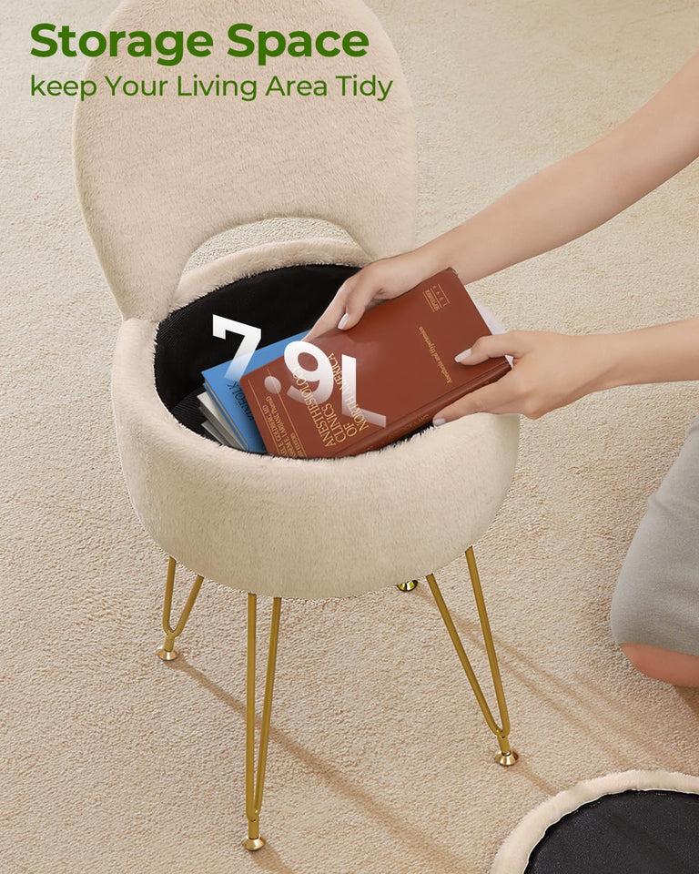 GREENSTELL Small Vanity Stool Chair with Storage and Folding Back, 13" x 13" x 17.7" Faux Fur Soft Ottoman for Teenager, 4 Metal Legs with Anti-Slip Feet, Furry Padded Seat for Makeup, Bedroom, White