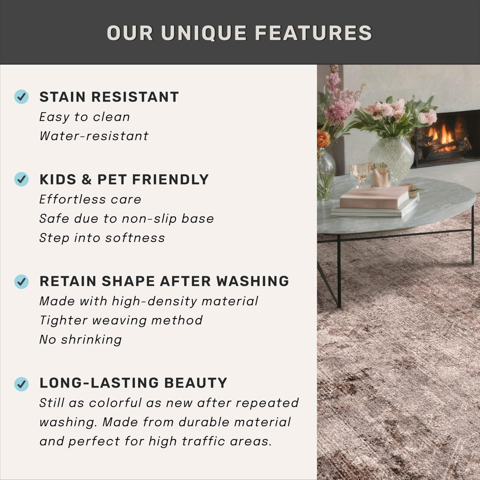 Neutral Living Room Rug - 10x14 Farmhouse Beige Brown Large Area Rug for Dining Room, Bedroom, Low Pile Lightweight Washable