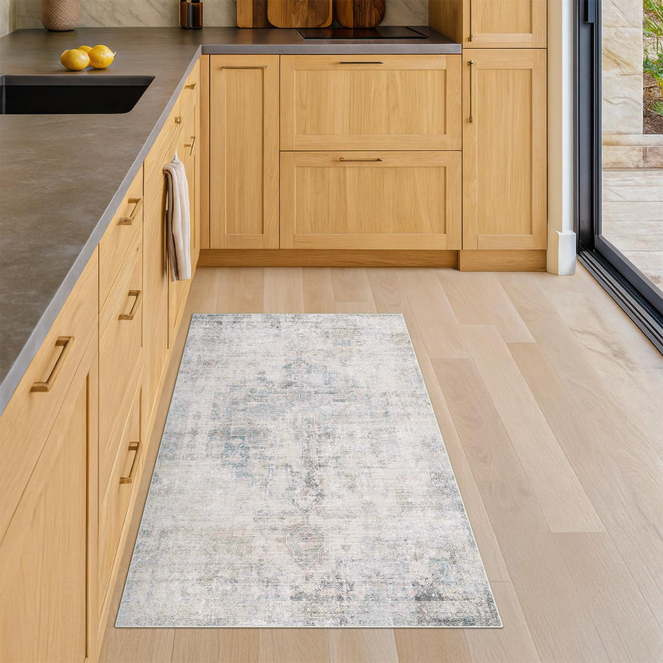 Neutral Living Room Rug - 10x14 Farmhouse Beige Brown Large Area Rug for Dining Room, Bedroom, Low Pile Lightweight Washable