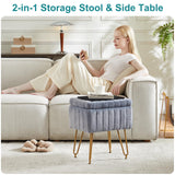 DUMOS Vanity Stool Chair, Ottoman with Storage, Makeup Cute Soft Small Footstool, Modern Style Faux Fur Seat with 4 Metal Legs & Adjustable Feet for Dressing, Living Room, Bedroom, Dorm, Grey