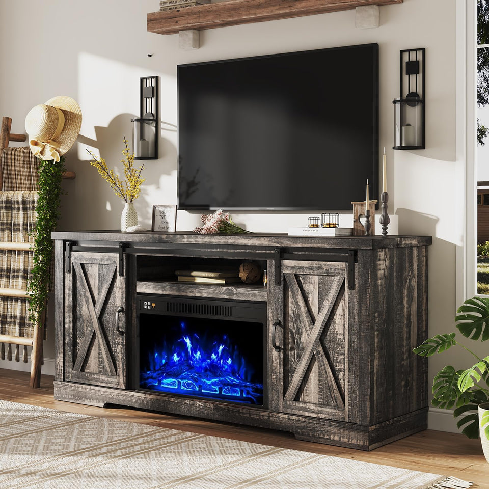AMERLIFE Fireplace TV Stand with Sliding Barn Door for TVs up to 73", Farmhouse 63" Fireplace Entertainment Center with Storage Cabinets/Adjustable Shelves, Distressed White & Barnwood
