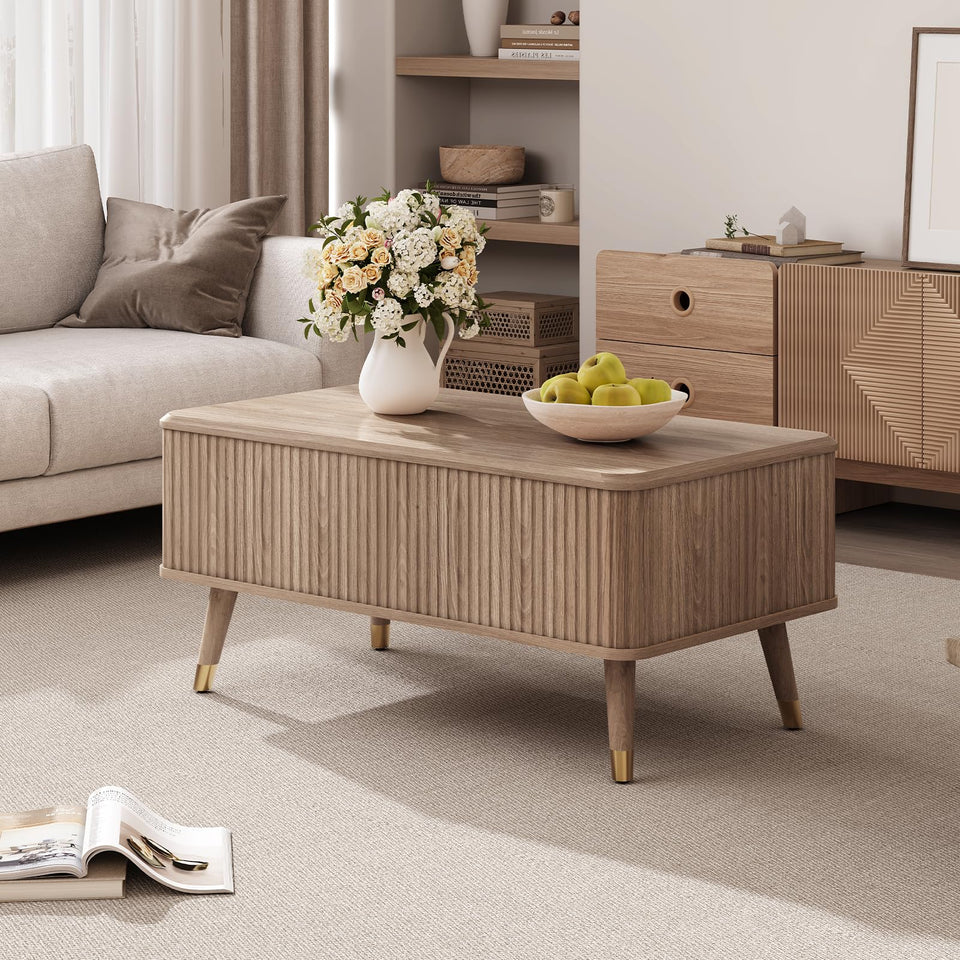 JOINICE, Round Coffee Table with Storage, Mid Century Modern Center Table with Sliding Cabinet Door, Fluted Dining Table for Living Room, Home Small Space, 31.5", Walnut