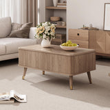 JOINICE, Round Coffee Table with Storage, Mid Century Modern Center Table with Sliding Cabinet Door, Fluted Dining Table for Living Room, Home Small Space, 31.5", Walnut