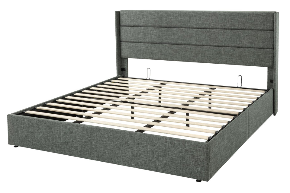 Allewie King Size Lift Up Storage Bed, Modern Wingback Headboard, Hydraulic Support, No Box Spring Needed, Light Beige