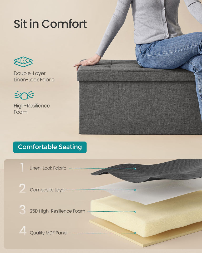 SONGMICS MAZIE Collection - 43 Inches Folding Storage Ottoman Bench, Ottoman Foot Rest, End of Bed Bench, Storage Chest, Load 660 lb, for Living Room, Bedroom, Entryway, Dark Gray ULSF77K