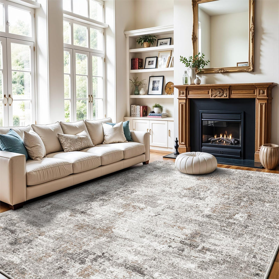 12x15 Area Rug for Living Room – Large Modern Neutral Abstract Thin Washable Carpet, Soft Low Pile Non-Slip Stain-Resistant for Bedroom Dining Room Home Office (Beige Grey)