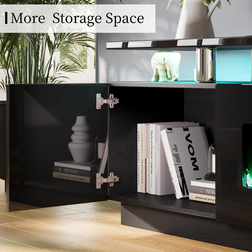 AMERLIFE Fireplace TV Stand with 36" Fireplace, 70" Modern High Gloss Fireplace Entertainment Center LED Lights, 2 Tier TV Console Cabinet for TVs Up to 80", Obsidian Black