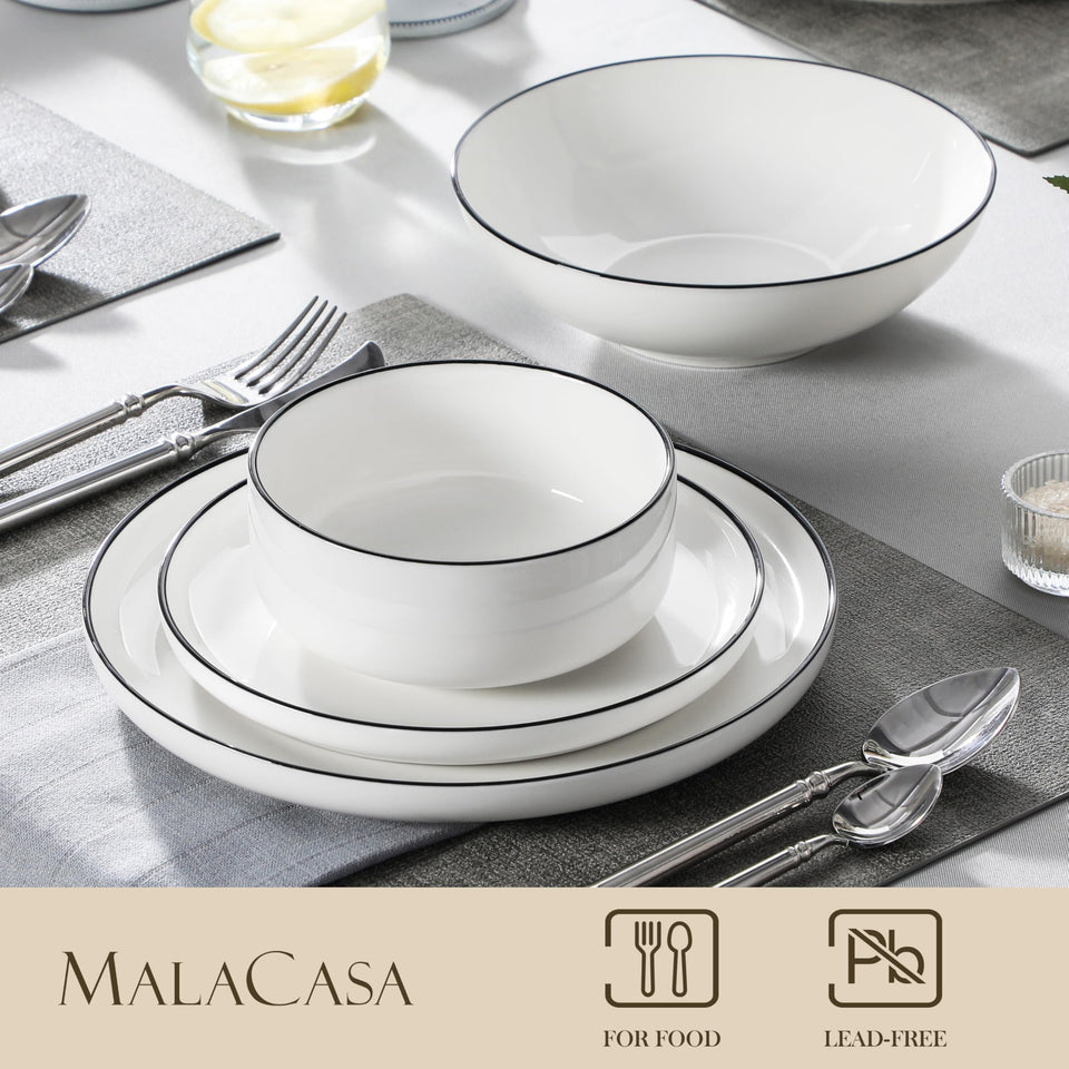MALACASA Plates and Bowls Sets, 24 Pieces Modern Porcelain Dinnerware Set for 6 Ceramic Dishware Dishes White Kitchen Dinner Dining Ware Set wtih Black Rim Microwave and Dishwasher Safe, Series LUNA
