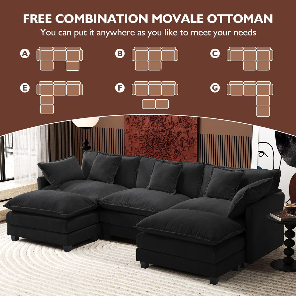 Ihanherry 146" U-Shaped Modern Sofa Modular Sectional Cloud Couch with 2 Ottoman, 6-Seat Chenille Deep Seat Sofa with 6 Pillows for Living Room, Bedroom and Apartment, Grey