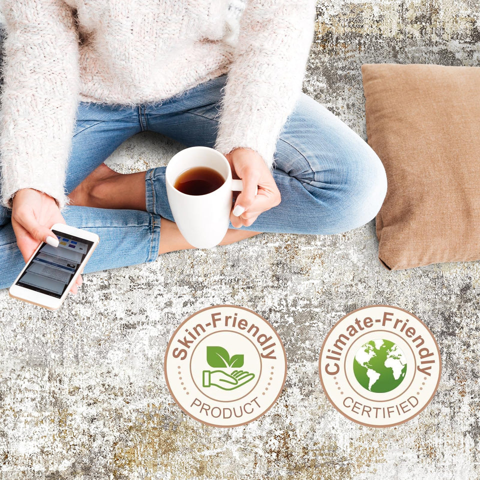 12x15 Area Rug for Living Room – Large Modern Neutral Abstract Thin Washable Carpet, Soft Low Pile Non-Slip Stain-Resistant for Bedroom Dining Room Home Office (Beige Grey)