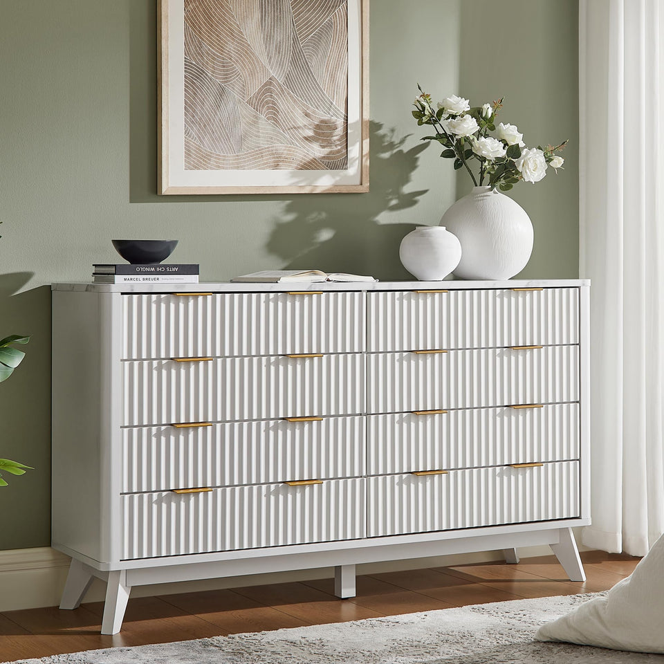 T4TREAM Fluted 7 Drawers Dresser, 54" Wide Modern Chest of Drawers with Faux Marble Top, Curved Profile Design, Dresser TV Stand, Wood Drawer Organizer for Bedroom, Living Room, Hallway, Natural Oak