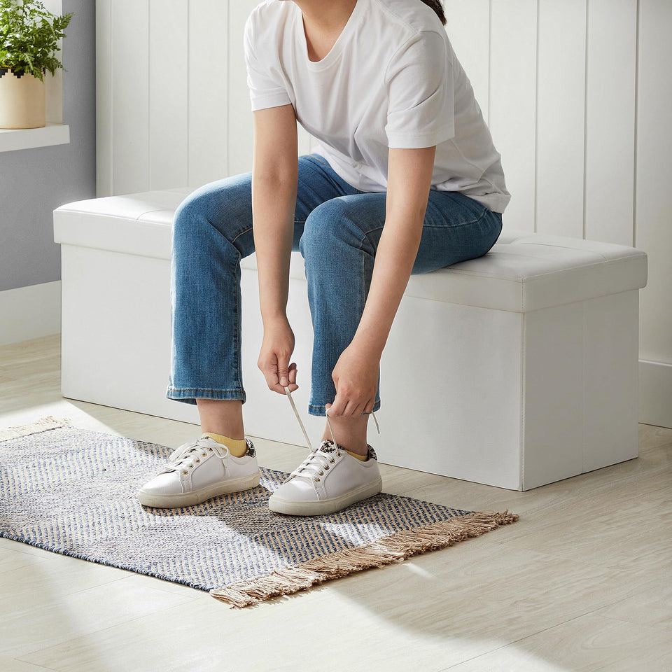 SONGMICS MAZIE Collection - 30 Inches Storage Ottoman Bench with Flipping Lid, Storage Chest Footstool, Load 660 lb, for Entryway, Living Room, Bedroom, Synthetic Leather, Black ULSF45BK