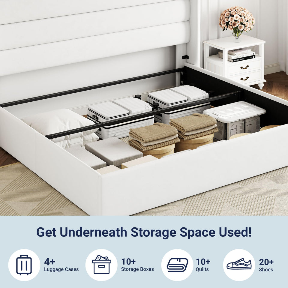 Allewie King Size Lift Up Storage Bed, Modern Wingback Headboard, Hydraulic Support, No Box Spring Needed, Light Beige