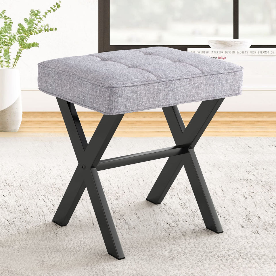 LUE BONA Square Linen Makeup Stool, Metal X Legs, Small Ottoman Stool Chair for Vanity, Modern Padded Seat Foot Rest for Makeup Room, Bathroom