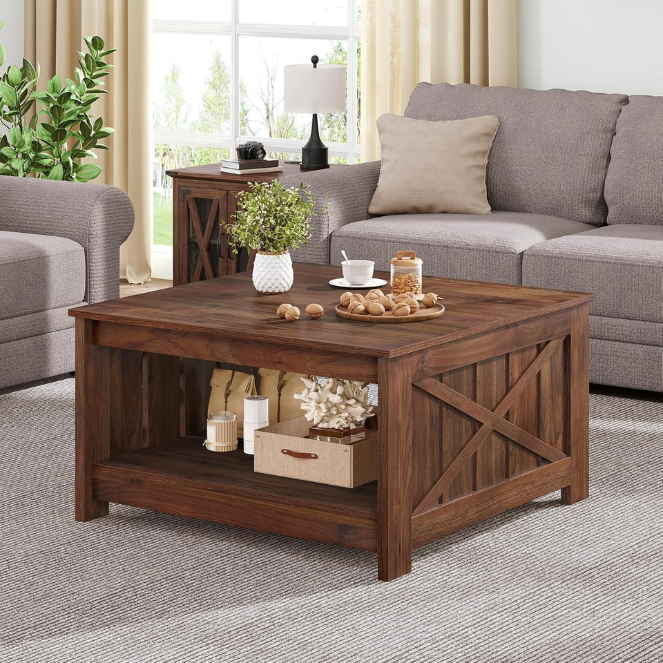 YITAHOME Coffee Table Farmhouse Coffee Table with Storage Rustic Wood Cocktail Table, Square Coffee Tables for Living Meeting Room with Half Open Storage Compartment, Grey Wash
