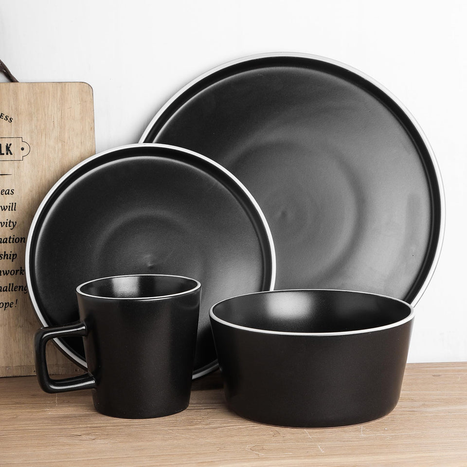 Stone Lain Celina Stoneware 32 Piece Dinnerware Set, Plates and Bowls, Black Matte Dish Collection, Service for 8 – Contemporary Minimalist Style, Microwave & Dishwasher Safe
