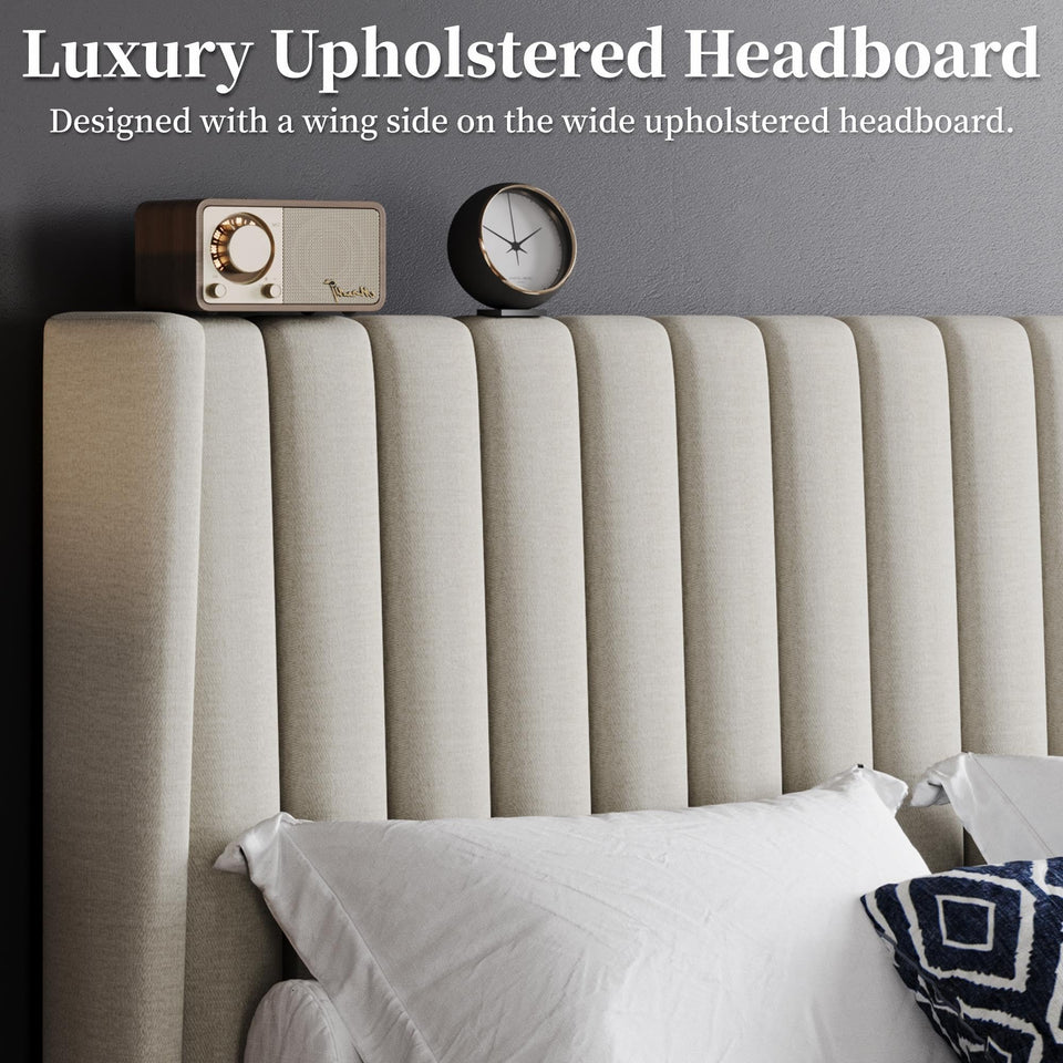 Yaheetech King Bed Frame Upholstered Platform Bed with Fabric Headboard, Wing Edge Design/Non-Slip and Noise-Free/Wooden Slats Support/No Box Spring Needed/Easy Assembly, Ivory King Bed