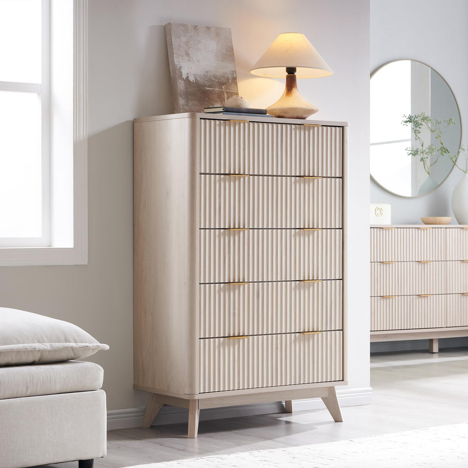 T4TREAM Fluted 7 Drawers Dresser, 54" Wide Modern Chest of Drawers with Faux Marble Top, Curved Profile Design, Dresser TV Stand, Wood Drawer Organizer for Bedroom, Living Room, Hallway, Natural Oak