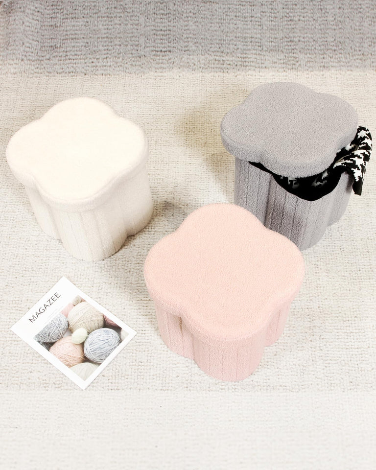 B FSOBEIIALEO Storage Ottoman Cube, Flowers Shaped Ottomans with Storage Foot Stool Footrest for Lving Room, Boucle Ottoman Seat for Dorm Room,Faux Teddy Fur, Cream White 12.6"x12.6"x12.6"