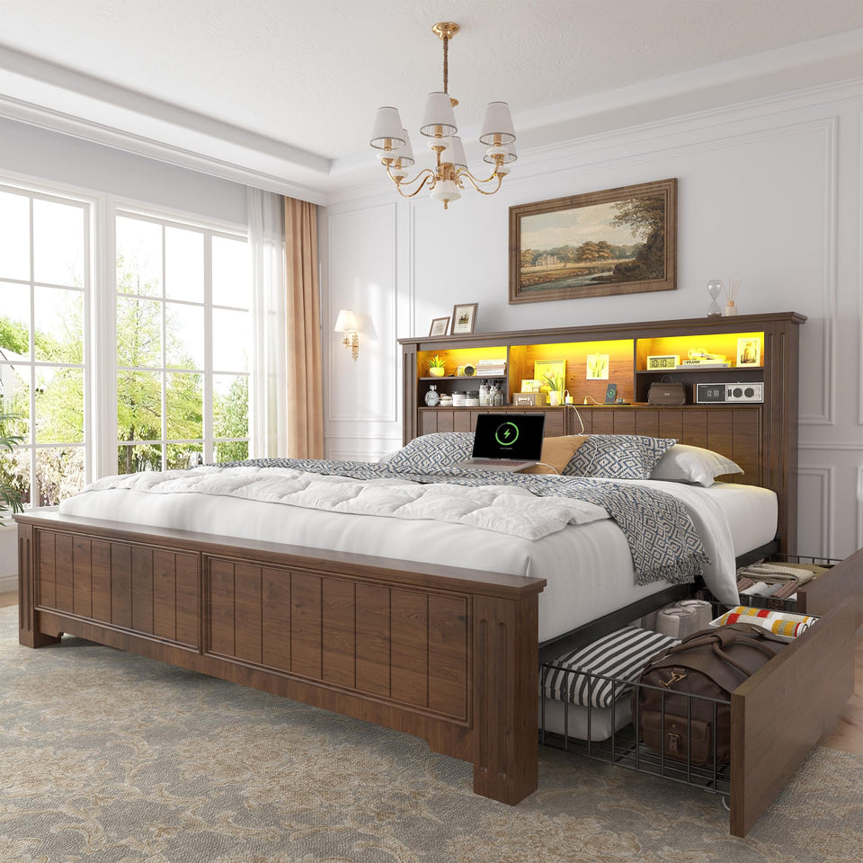 EnHomee King Size Bed Frame and Headboard & Storage, 4 Drawers and LED Built in Charging Station King Bed Frame with Storage Farmhouse,NO Noise,No Box Spring Needed,White