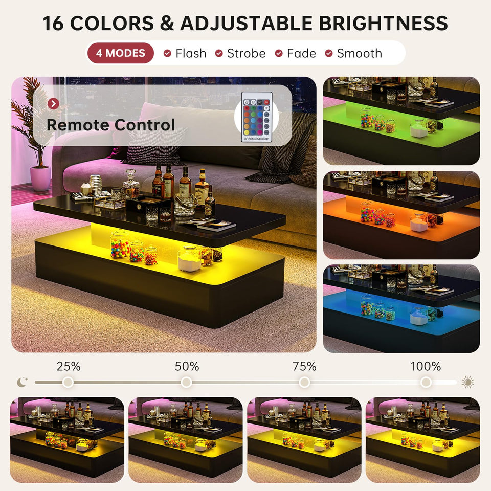 oneinmil Modern LED Coffee Table, 40" Living Room Tables with 16 Colors LED Lights, Double-Layer Design, Stylish Coffee Tables for Living Room, Black