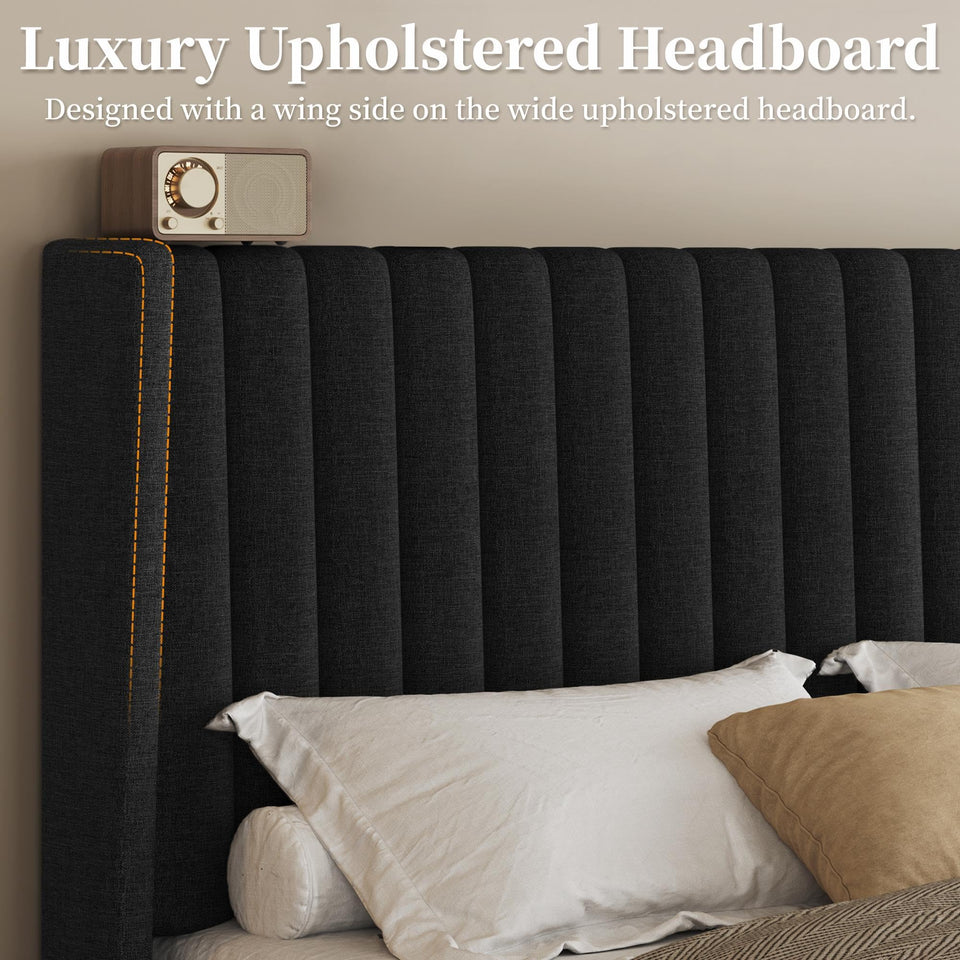 Yaheetech King Bed Frame Upholstered Platform Bed with Fabric Headboard, Wing Edge Design/Non-Slip and Noise-Free/Wooden Slats Support/No Box Spring Needed/Easy Assembly, Ivory King Bed