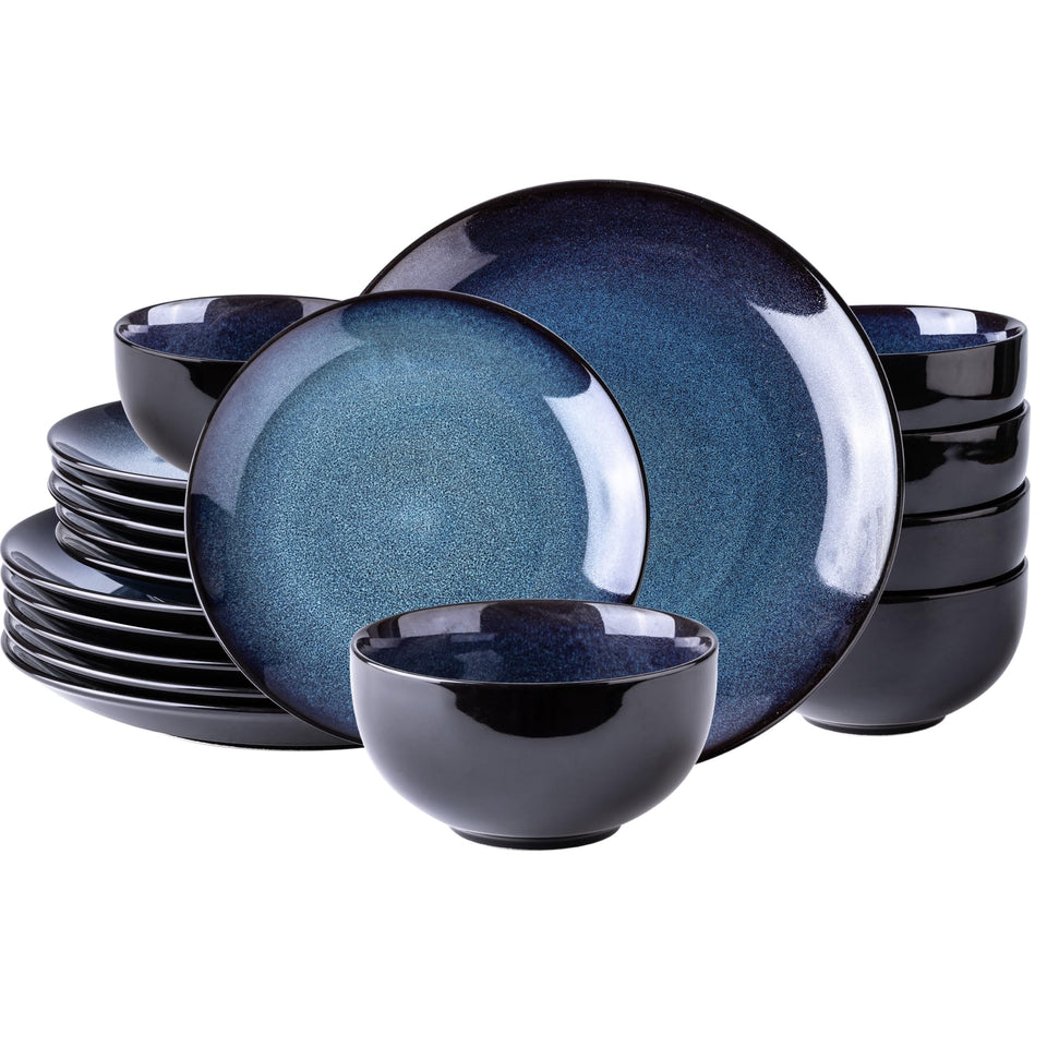 LeRatio Ceramic Dinnerware Sets for 6,Plates and Bowls Sets,Handmade Reactive Glaze Dishes Set,Chip Resistant and Scratch Resistant | Oven&Dishwasher & Microwave Safe-Blue(18PCS)