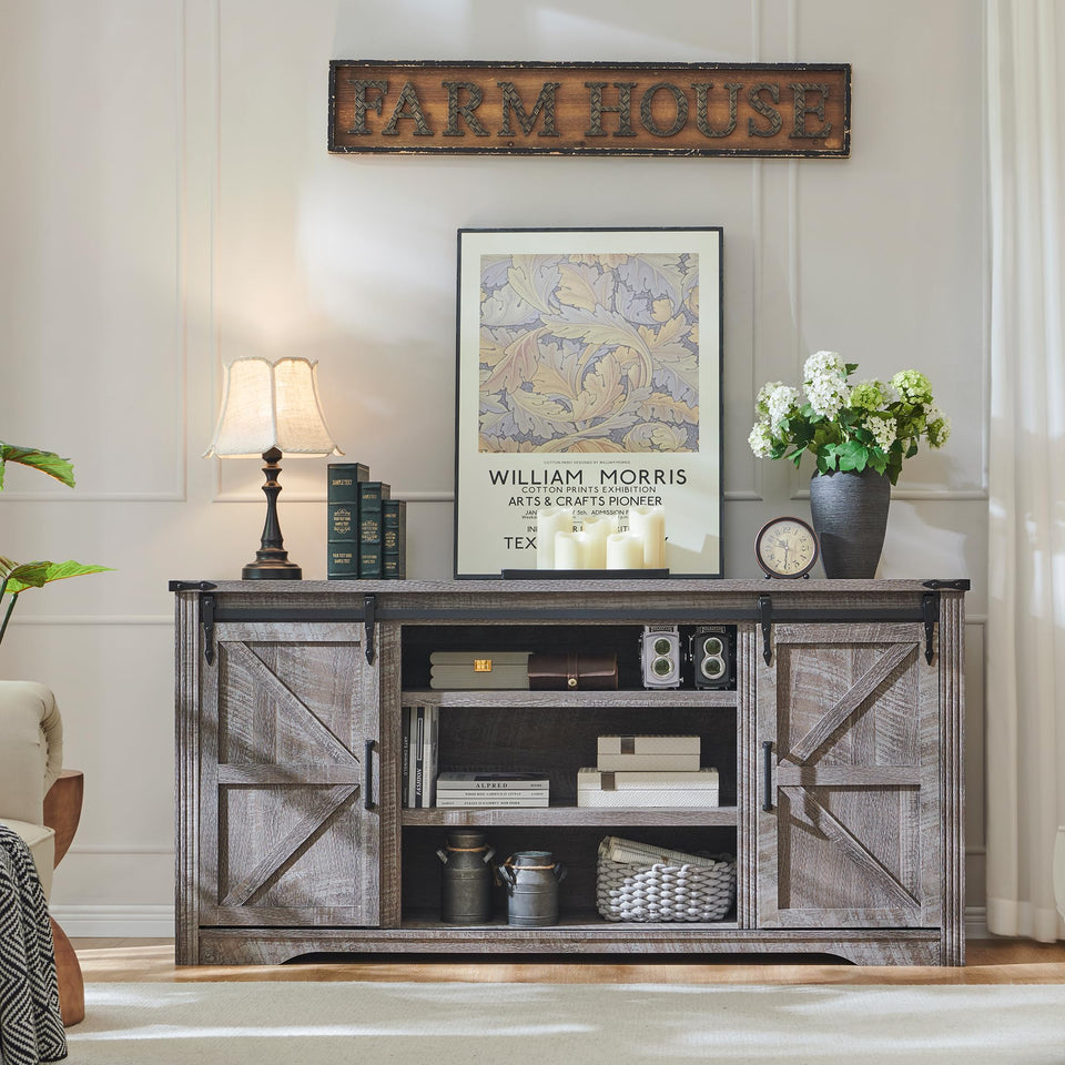 JXQTLINGMU Farmhouse TV Stand for 75+ Inch TV, 32" Tall Entertainment Center w/4 Drawers & Sliding Barn Door, Rustic Media Console w/Storage Shelves, 66" Wood Television Stand for Living Room, Brown