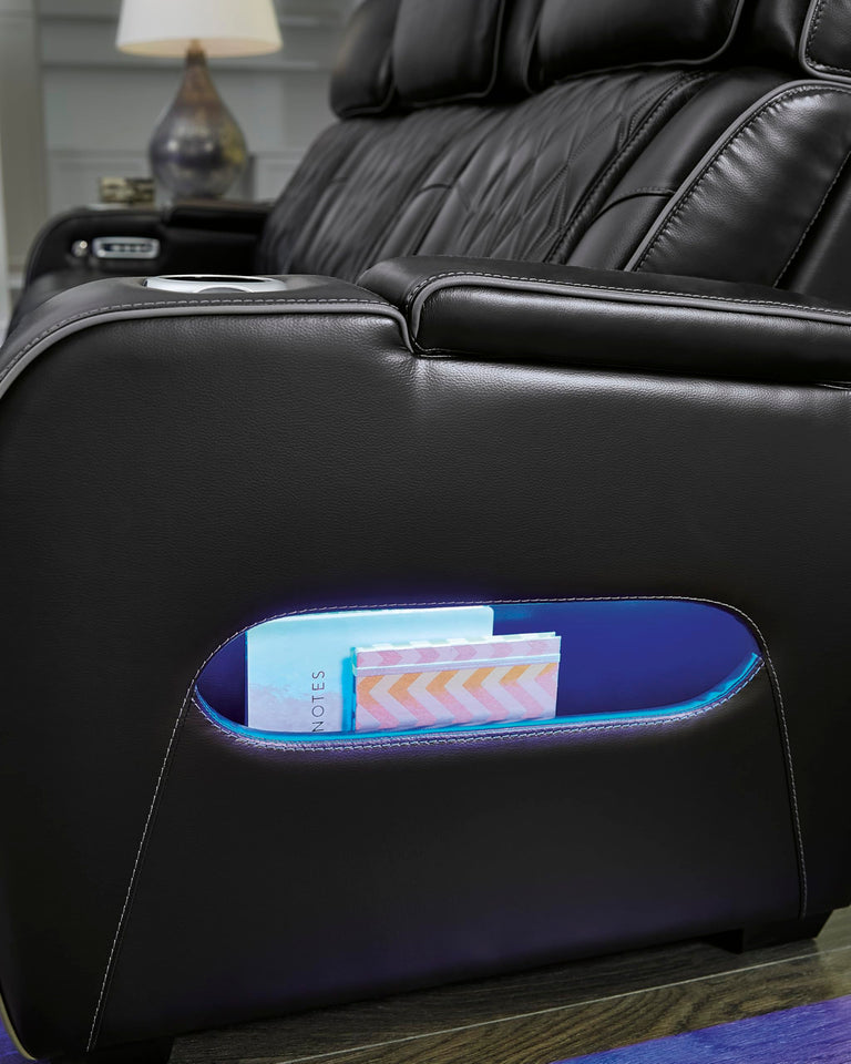 Signature Design by Ashley Boyington Contemporary Leather Match Power Reclining Sofa with USB Charging Ports, LED Lights and Adjustable Headrest, Light Gray