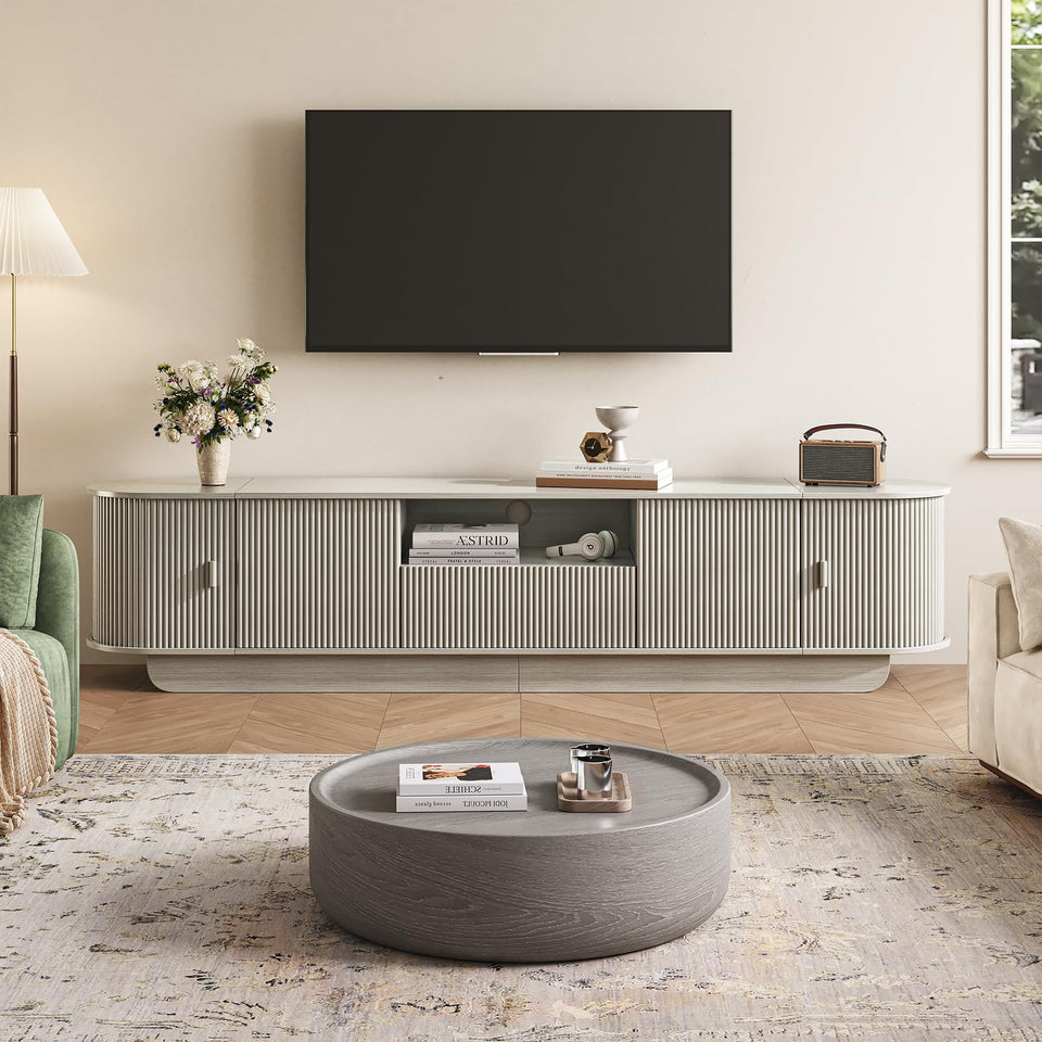 UKAOCAI 86.61'' Tambour TV Stand for 55-85 Inch, Modern Entertainment Center with Large Storage Cabinet & Open Shelves, TV Console with Sliding Doors for Living Room, Bedroom, Natural