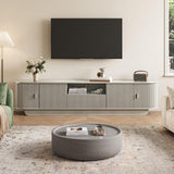 UKAOCAI 86.61'' Tambour TV Stand for 55-85 Inch, Modern Entertainment Center with Large Storage Cabinet & Open Shelves, TV Console with Sliding Doors for Living Room, Bedroom, Natural