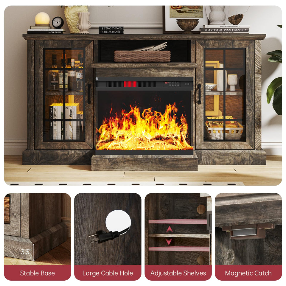 oneinmil 36 Inch 3-Sided Glass Fireplace TV Stand for TVs up to 80", Rustic Media Entertainment Center Console Table with Glass Door Closed Storage, Set of TV Table, White