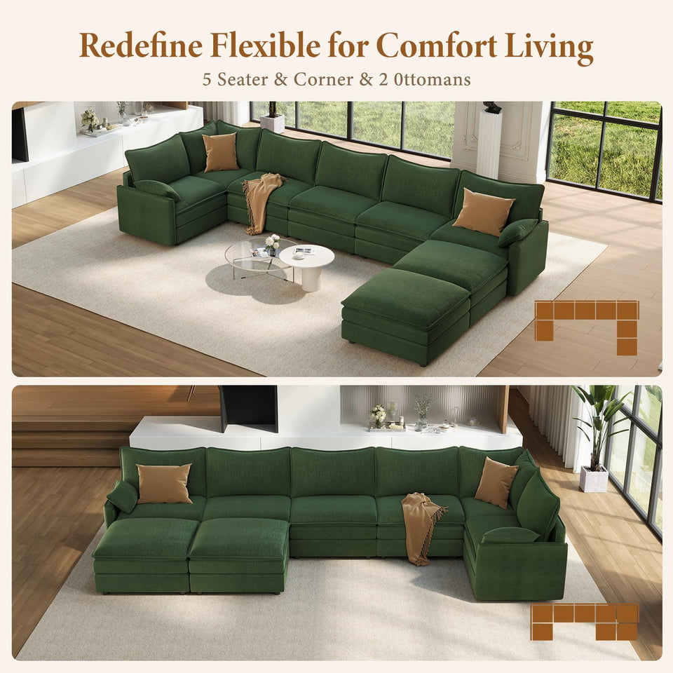 Vesgantti 142" U Shaped Sectional Couch, Comfy Cloud Modular Sectional Sofa with 2 Ottoman Deep Seat Chenille Modern Cloud Sofa, Modular Sofas for Living Room, Bedroom and Apartment, Beige