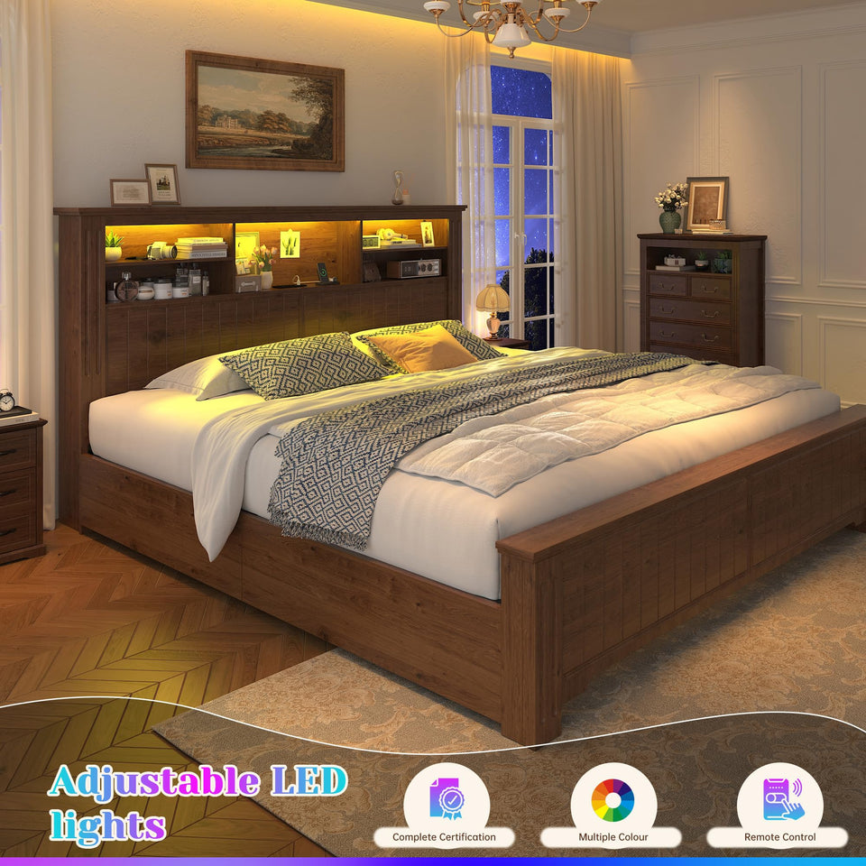 EnHomee King Size Bed Frame and Headboard & Storage, 4 Drawers and LED Built in Charging Station King Bed Frame with Storage Farmhouse,NO Noise,No Box Spring Needed,White