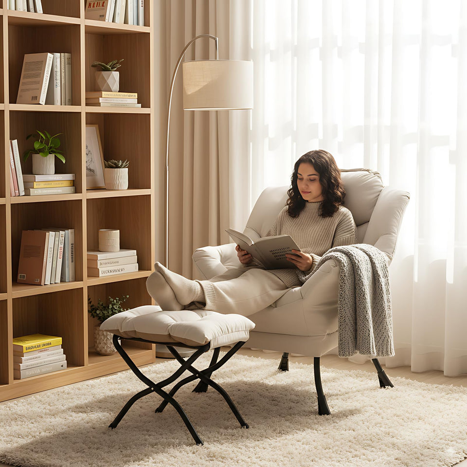 LITA Lazy Chair with Ottoman, Modern Accent Leisure Upholstered Lazy Sofa Armchair, Contemporary Lounge Reading Chair with Armrests and a Side Pocket for Living Room, Bedroom & Small Space, Dark Grey