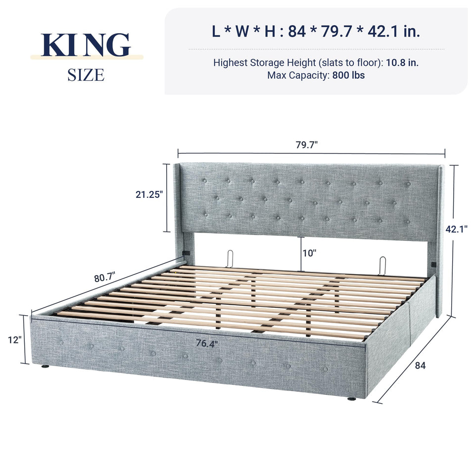 Allewie King Size Lift Up Storage Bed, Modern Wingback Headboard, Hydraulic Support, No Box Spring Needed, Light Beige