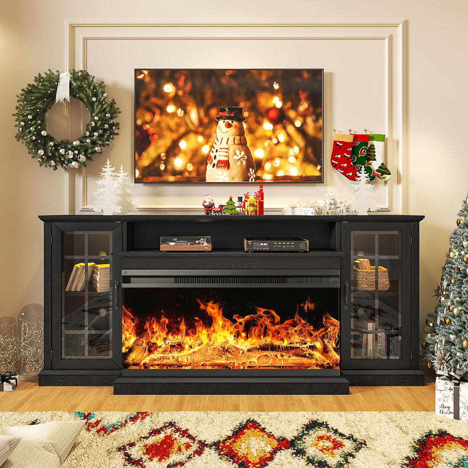 oneinmil 36 Inch 3-Sided Glass Fireplace TV Stand for TVs up to 80", Rustic Media Entertainment Center Console Table with Glass Door Closed Storage, Set of TV Table, White