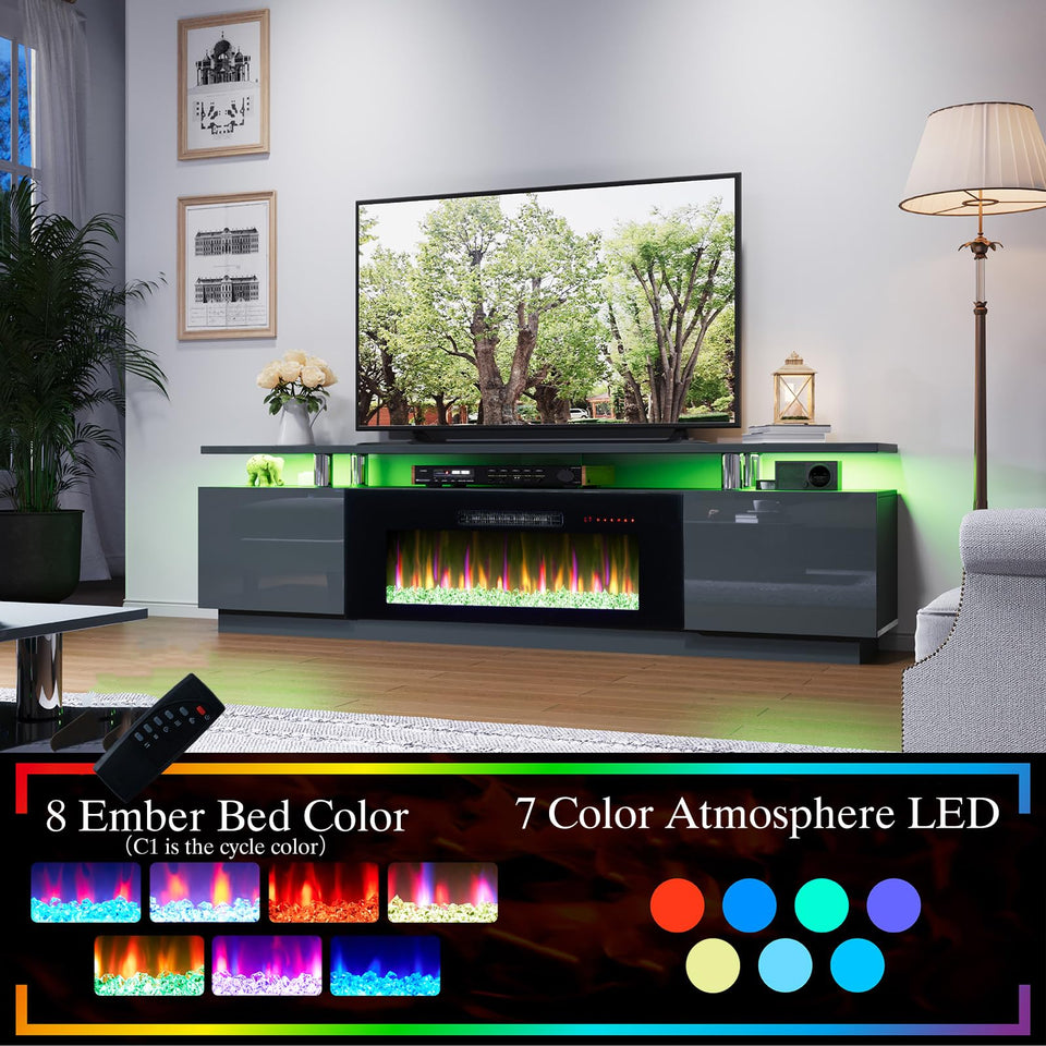 AMERLIFE Fireplace TV Stand with 36" Fireplace, 70" Modern High Gloss Fireplace Entertainment Center LED Lights, 2 Tier TV Console Cabinet for TVs Up to 80", Obsidian Black