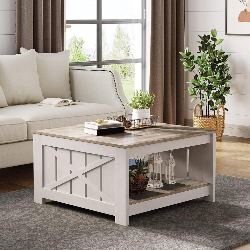 YITAHOME Coffee Table Farmhouse Coffee Table with Storage Rustic Wood Cocktail Table, Square Coffee Tables for Living Meeting Room with Half Open Storage Compartment, Grey Wash