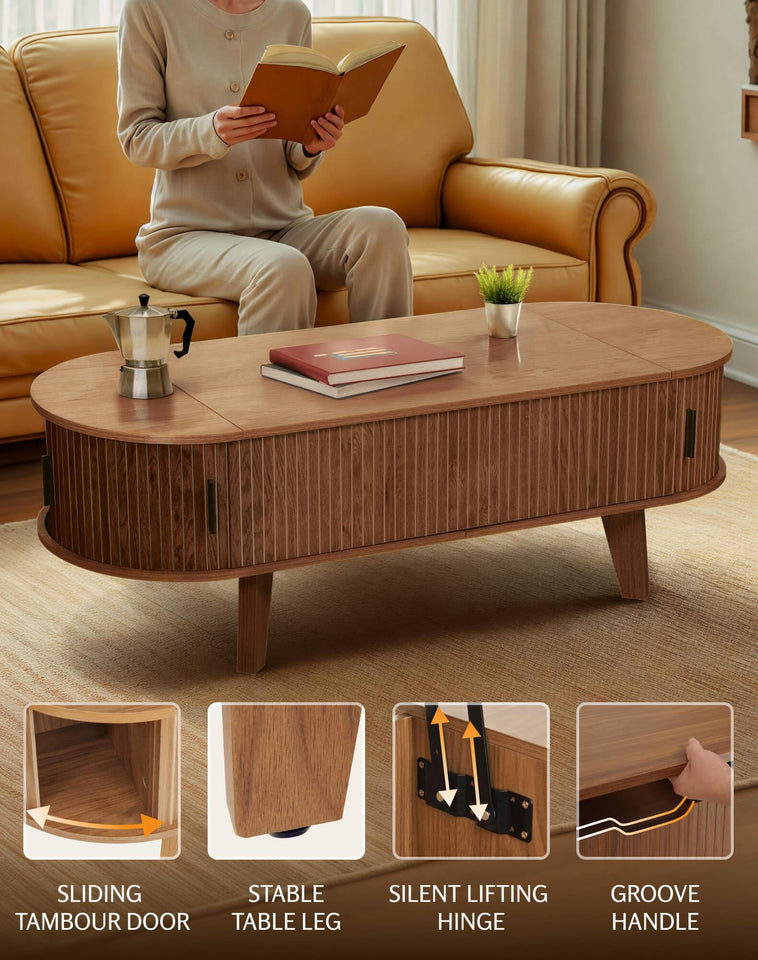 Pruchant Oval Lift Top Coffee Table with Storage, 47.2" Mid Century Modern Living Room Center Table with 180° Sliding Tambour Door, Wood Fluted Coffee Table for Home Office, Walnut