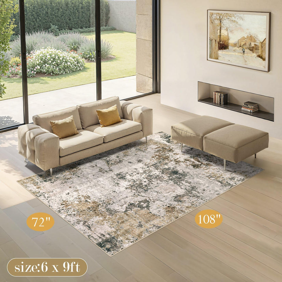 Area Rugs for Living Room: 12x15 Abstract Washable Rug Modern Neutral Large Soft Stain Resistant Non-Slip Backing Machine Table for Bedroom Dining Room Indoor Home Office Carpet - Gold Brown