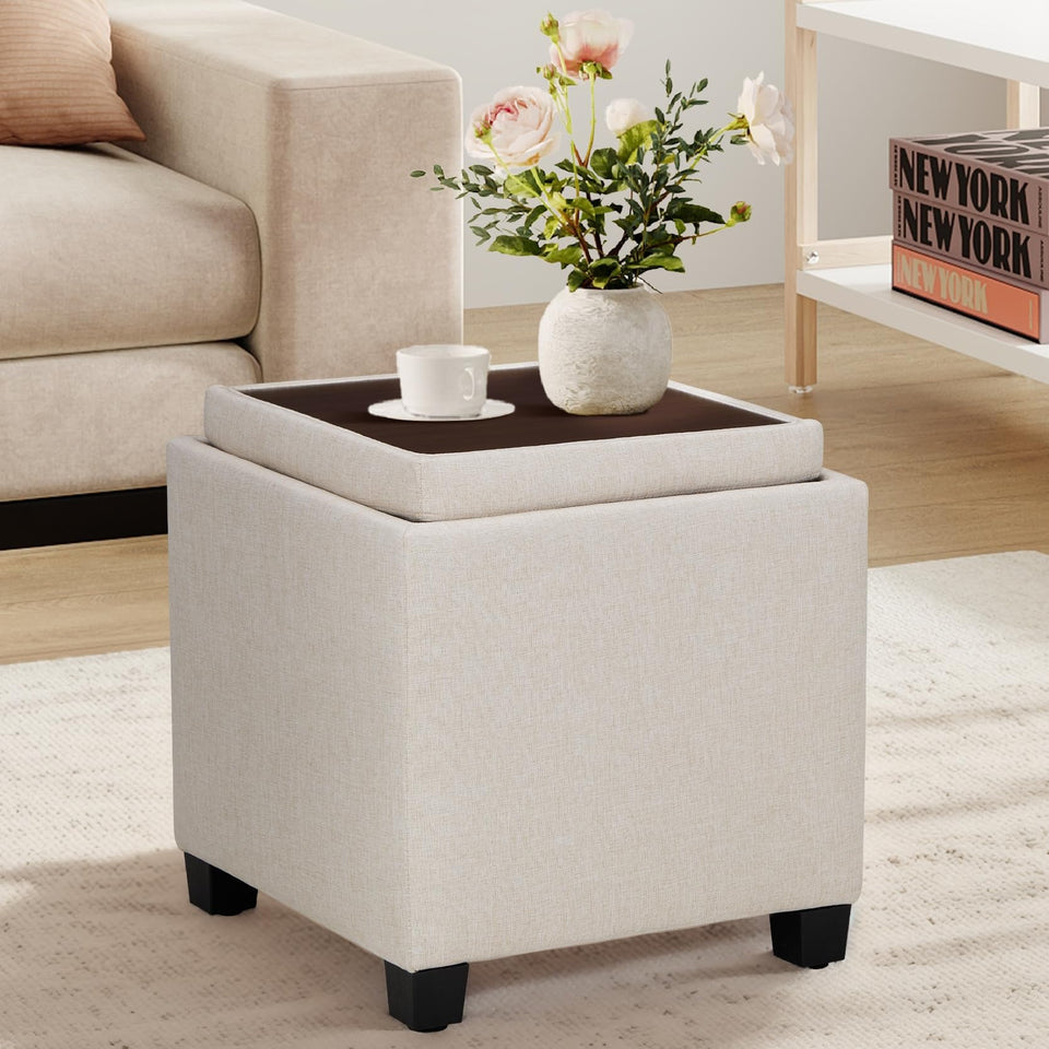 COLAMY Fabric Square Storage Ottoman with Reversible Tray Lid – Multi-Functional Footrest, Hidden Storage, Sturdy & Stylish Small Coffee Table for Living Room, Bedroom, or Entryway(Beige)