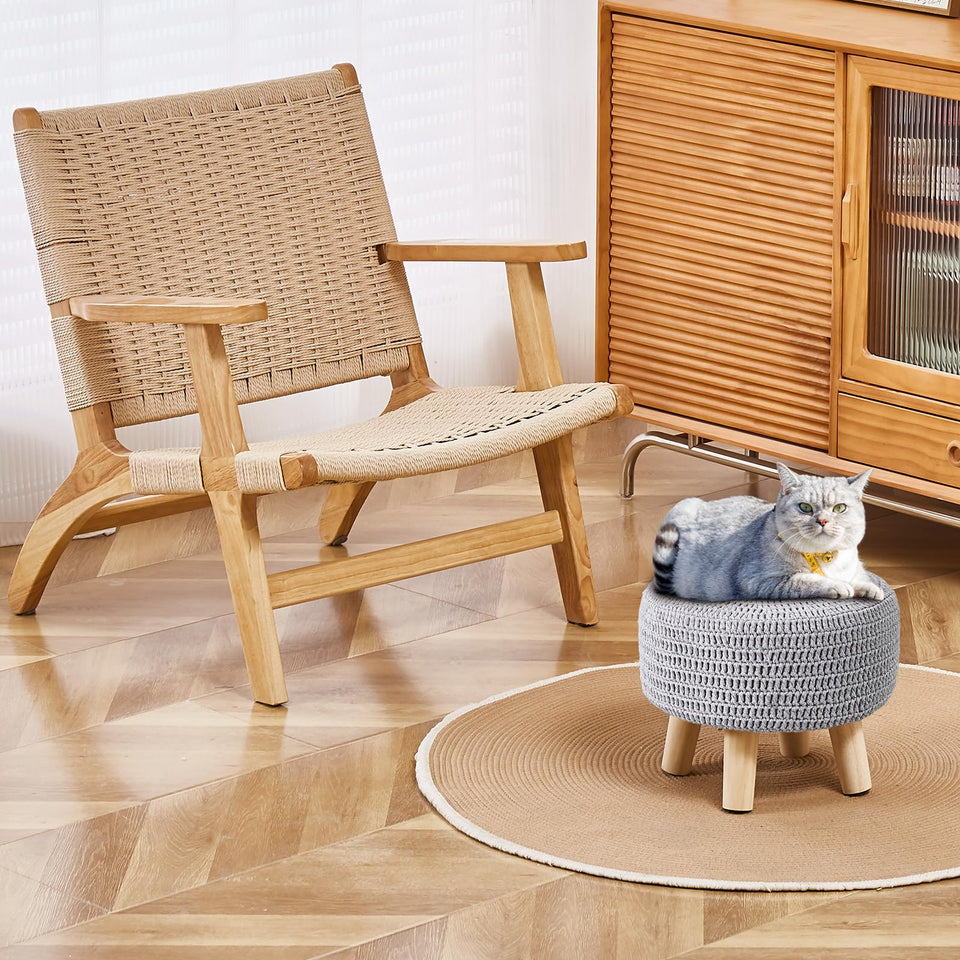 Wimarsbon Pouf Ottoman, 100% Cotton Knitted Boho Footstool, Round Footrest with Non-Skid Wood Legs, Home Décor Handmade Pouffe, Leisure Floor Step Stool for Living Room (Beige)