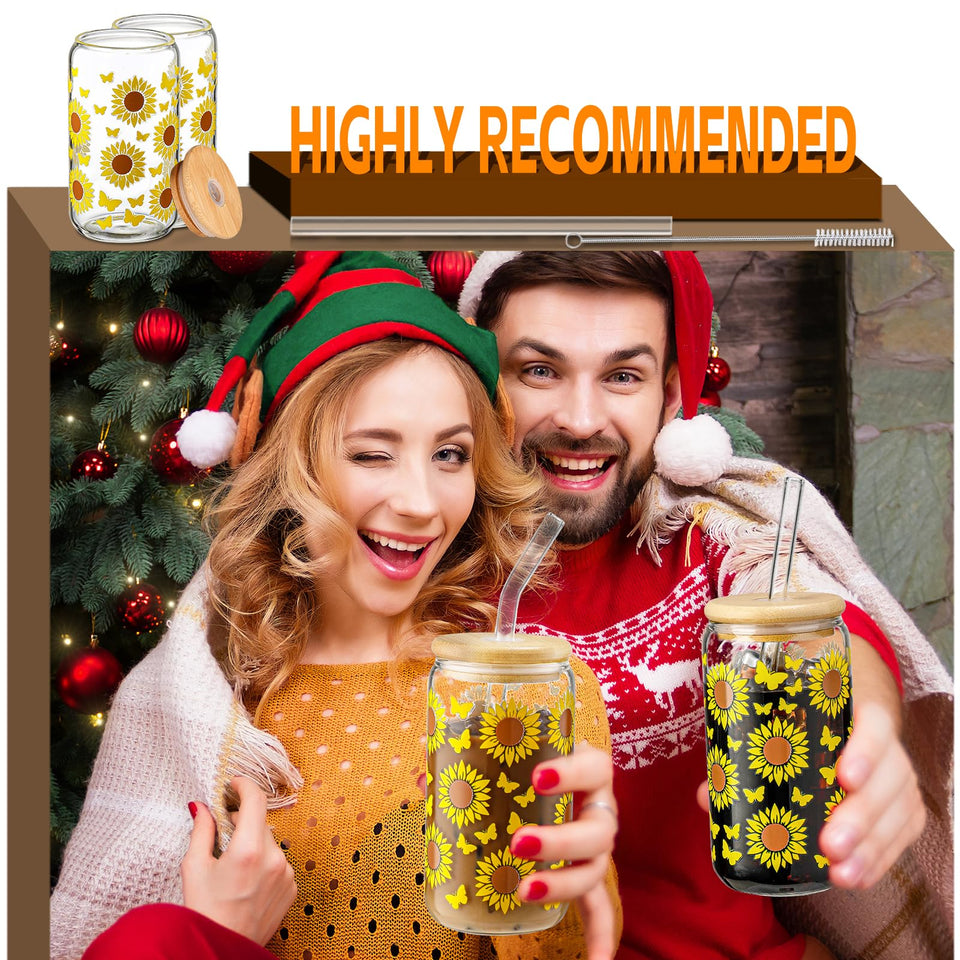 DWTS DANWEITESI Glass Cups with Lids and Straws 4 pcs,16oz Drinking Glasses Set for Coffee Bar Accessories,Iced Coffee Cups with Lids,Matcha Cup Glass Tumbler Reusable for Gifts