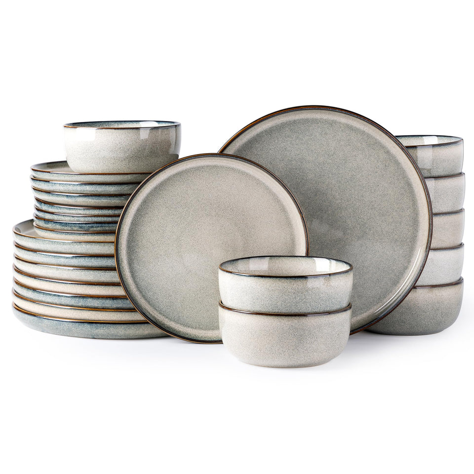 GBHOME Ceramic Dinnerware Sets for 8, 24 Pieces Stoneware Plates and Bowls Sets, Scratch Resistant Dishes, Dishwasher & Microwave Safe, Reactive Glaze-Green Wheat