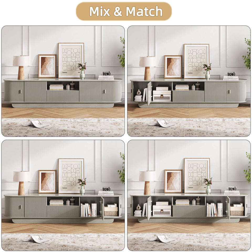 UKAOCAI 86.61'' Tambour TV Stand for 55-85 Inch, Modern Entertainment Center with Large Storage Cabinet & Open Shelves, TV Console with Sliding Doors for Living Room, Bedroom, Natural