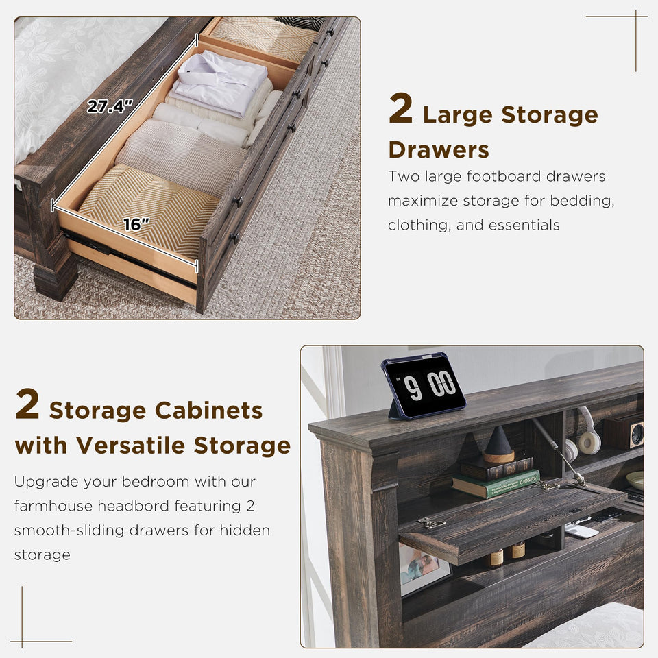 Farmhouse King Size Bed Frame with 54" Tall Storage Bookcase Headboard, Wood Platform Bed Frame with 2 Drawers & 18" Tall Roman Column Decoration Footboard, No Box Spring Needed(Antique White)