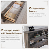 Farmhouse King Size Bed Frame with 54" Tall Storage Bookcase Headboard, Wood Platform Bed Frame with 2 Drawers & 18" Tall Roman Column Decoration Footboard, No Box Spring Needed(Antique White)